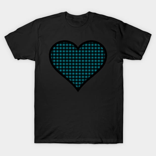 Peacock Blue and Black Gingham Heart T-Shirt by bumblefuzzies